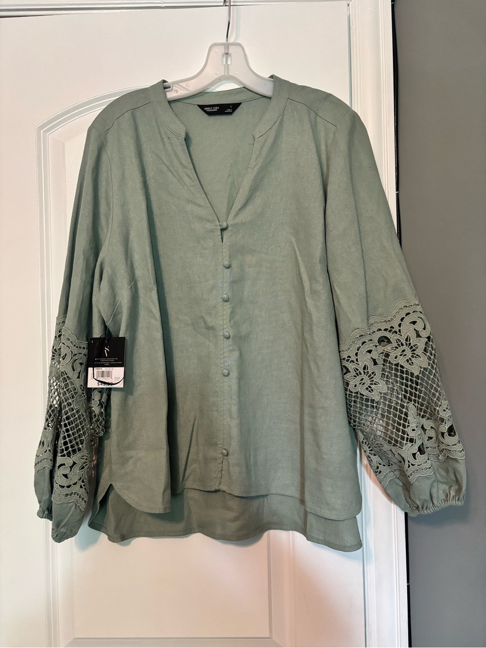 Simply Vera Wang Vince Camuto Sage Green Linen Button Front Blouse Large